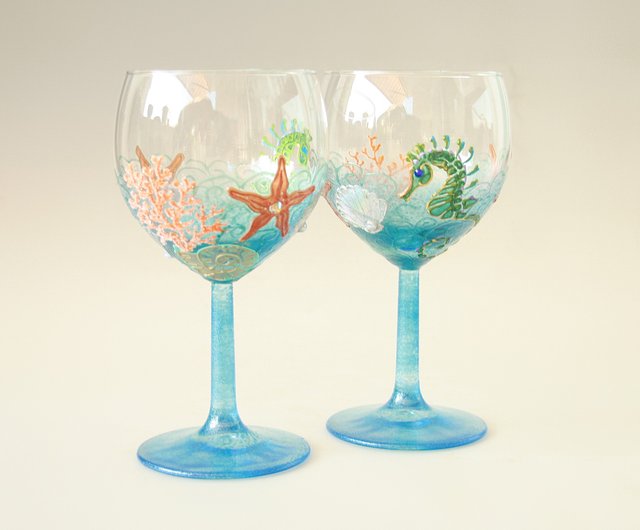 Single Wine Glass Hand Painted, Ocean Bottom Design - Shop NeA Glass Bar  Glasses & Drinkware - Pinkoi