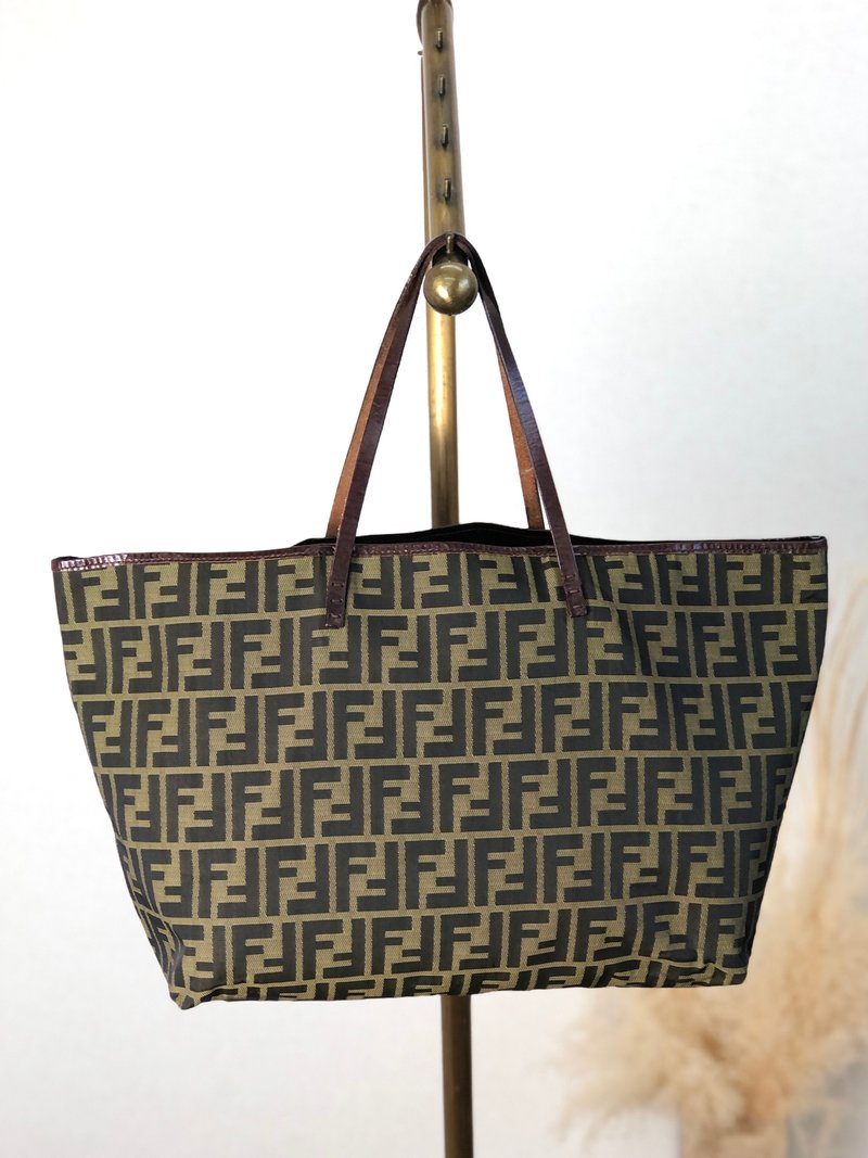 [Direct from Japan, branded used bag] FENDI ZUCCA handbag Brown jacquard tote bag vintage jeeys6 - Handbags & Totes - Cotton & Hemp Brown