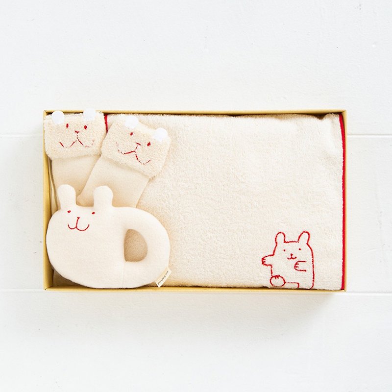 Gift Set S 100% Organic Cotton Rattle Socks Towel 3-Piece Set For Baby Shower Rabbit Bear Made in Japan - Baby Gift Sets - Cotton & Hemp White