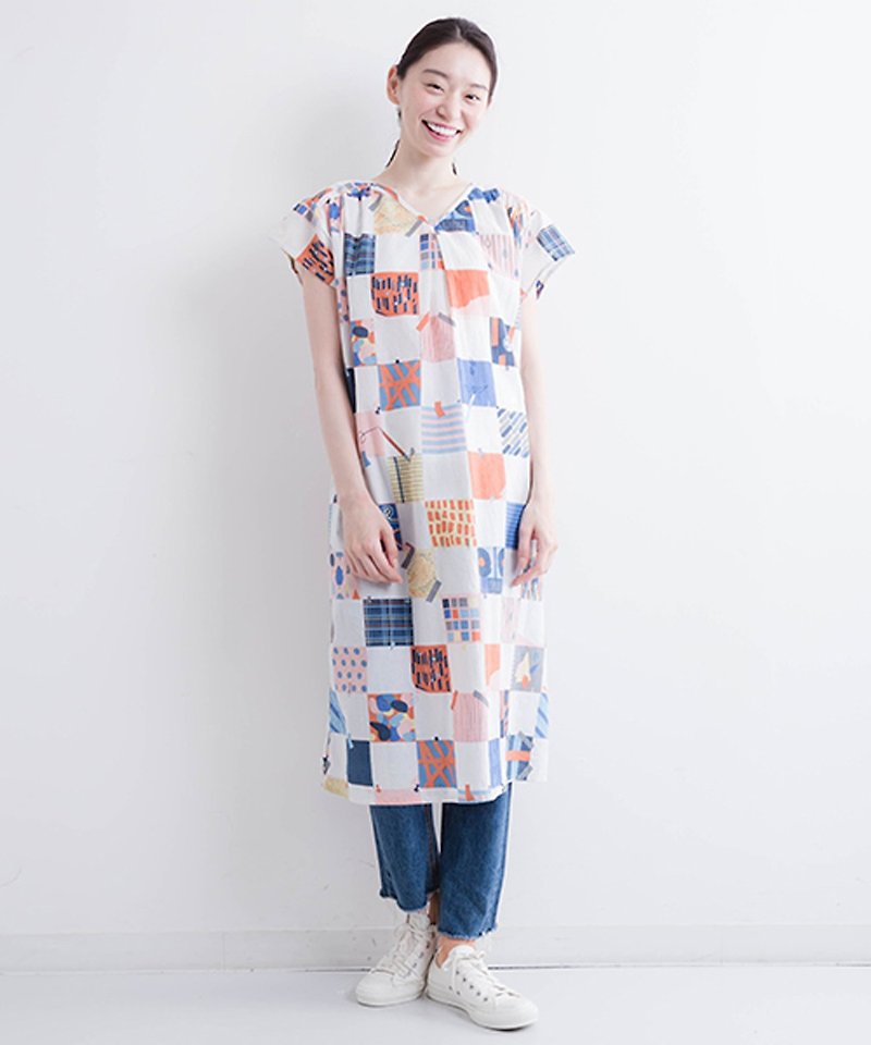 Colorful print V neck cotton one piece - One Piece Dresses - Cotton & Hemp Blue