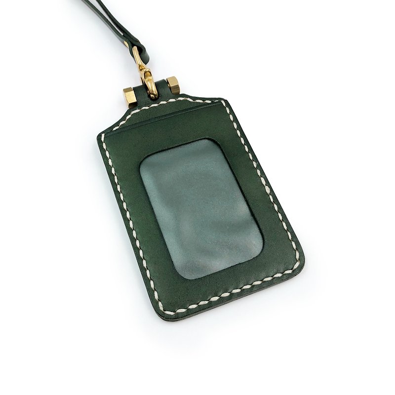 Handmade vegetable tanned leather- Bronze screw ID badge cover (straight set) leather ID badge cover - ที่ใส่บัตรคล้องคอ - หนังแท้ สีเขียว