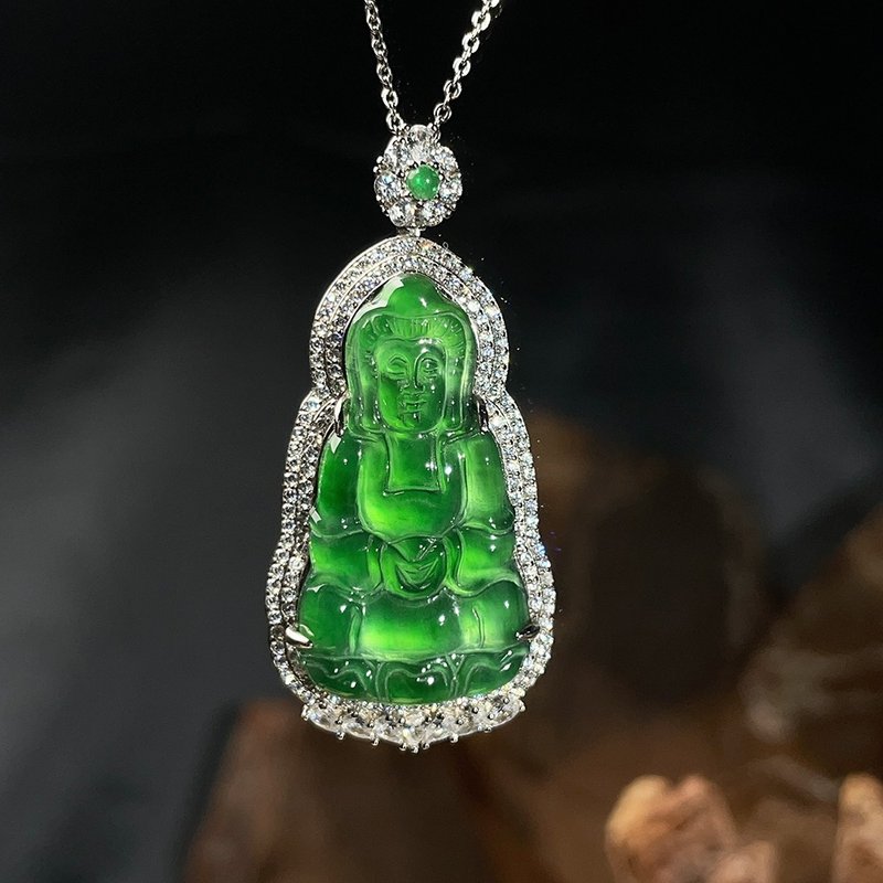 冰綠翡翠觀音925純銀鑲嵌項鍊 | 天然玉翡翠A貨 | 送禮 - 項鍊 - 玉石 綠色