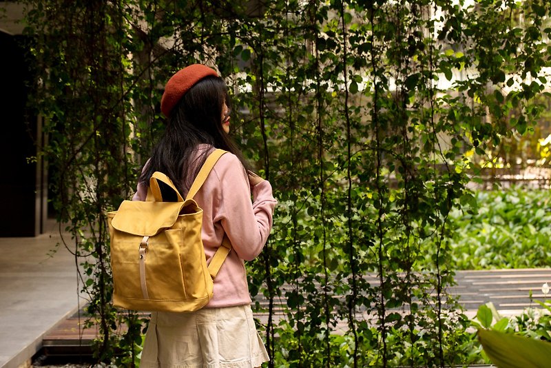 Canvas backpack , leather school backpack - Tanya in Mustard Yellow (no.102) - Backpacks - Genuine Leather Orange
