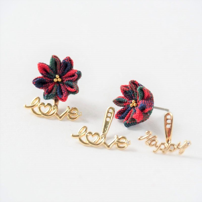 【祈願】Love 聖誕花三用客製耳環耳夾 14kgf 925 つまみ細工 - 耳環/耳夾/耳骨夾 - 棉．麻 紅色