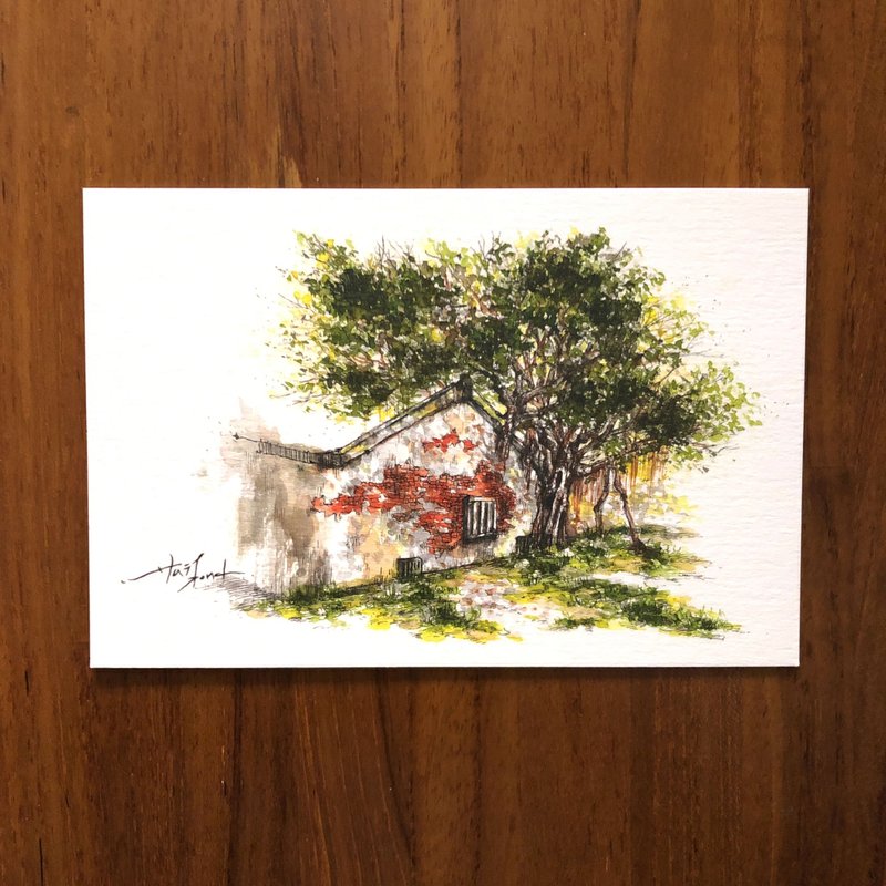 Dead branch pen sketching Tainan historic site Anping tree house illustration hand-painted postcard - Cards & Postcards - Paper 