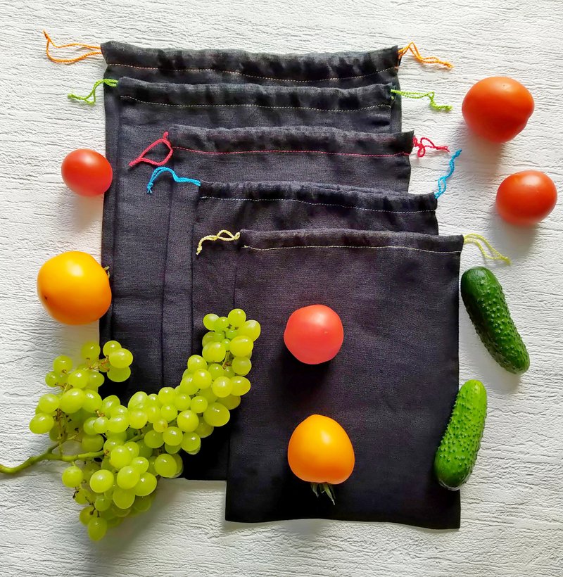 Reusable produce bags set of 5, Eco friendly storage bag, Drawstring pocket - 束口袋/束口背包/水桶包 - 亞麻 黑色