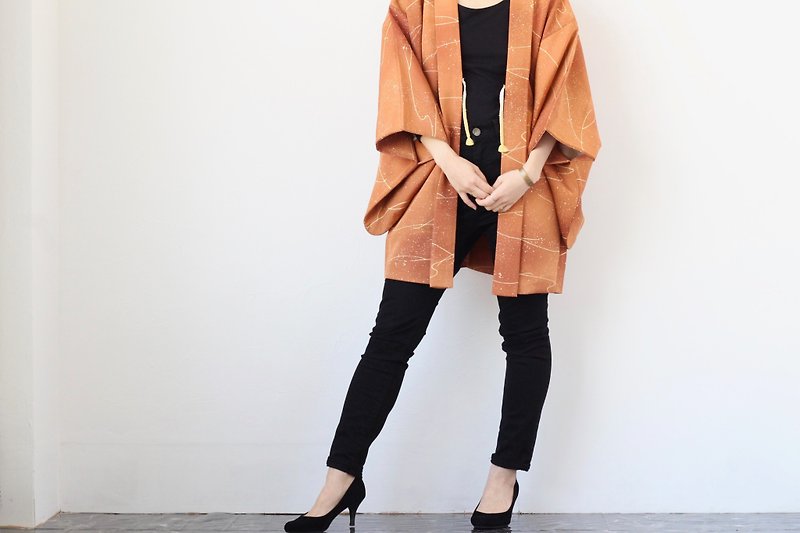 dark orange kimono, Haori Jacket /4169 - 外套/大衣 - 絲．絹 橘色