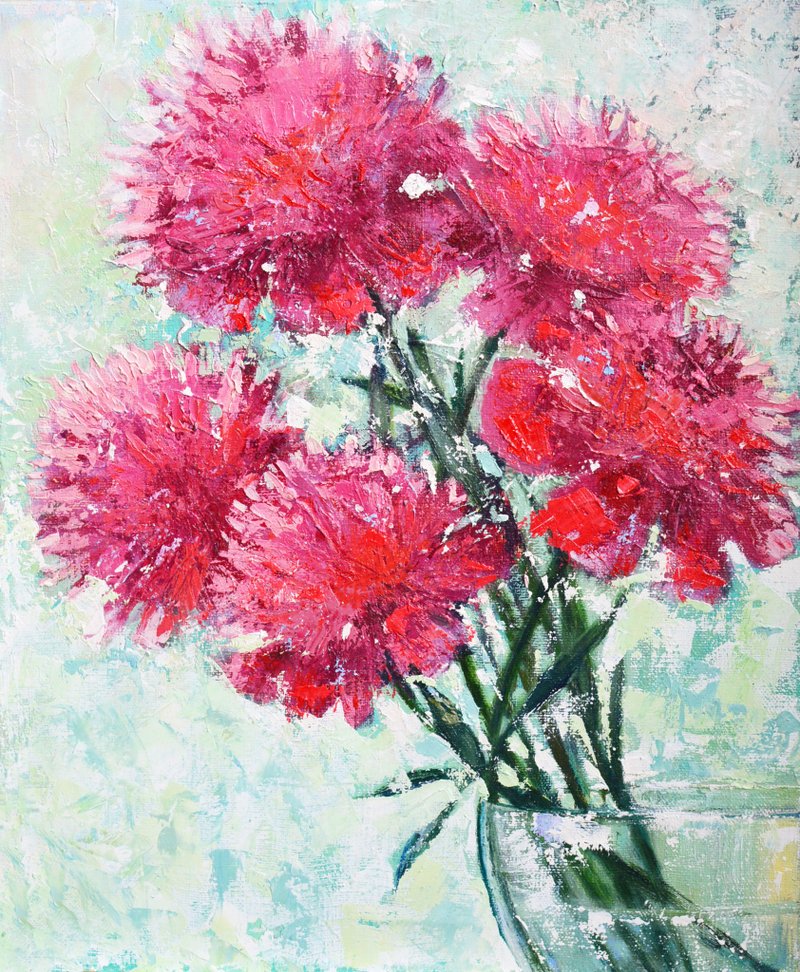 粉紅牡丹原創布面油畫現代繪畫花卉藝術 37x30 厘米 - 壁貼/牆壁裝飾 - 其他材質 粉紅色