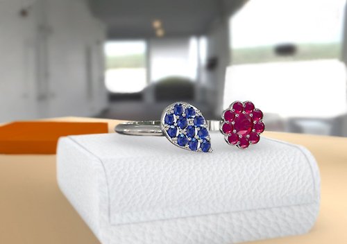 nucheecelic Blue sapphire and Red ruby ring,925 Silver , Fine jewelry ring Natural Ruby