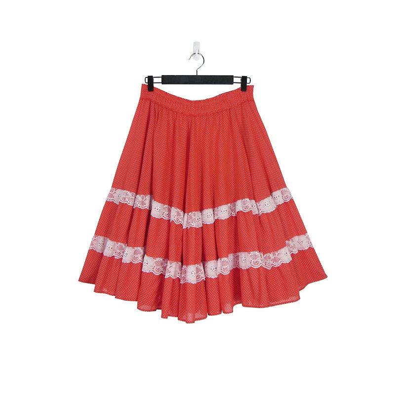 A‧PRANK : DOLLY :: Retro VINTAGE Red Water Jade Dotted Lace Skirt S806027 - กระโปรง - ผ้าฝ้าย/ผ้าลินิน สีแดง