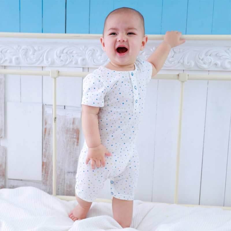 【Deux Filles Organic Cotton】Baby Short Sleeve Jumpsuit/Fart Dress 3~18 Months (Little Star) - ชุดทั้งตัว - ผ้าฝ้าย/ผ้าลินิน 