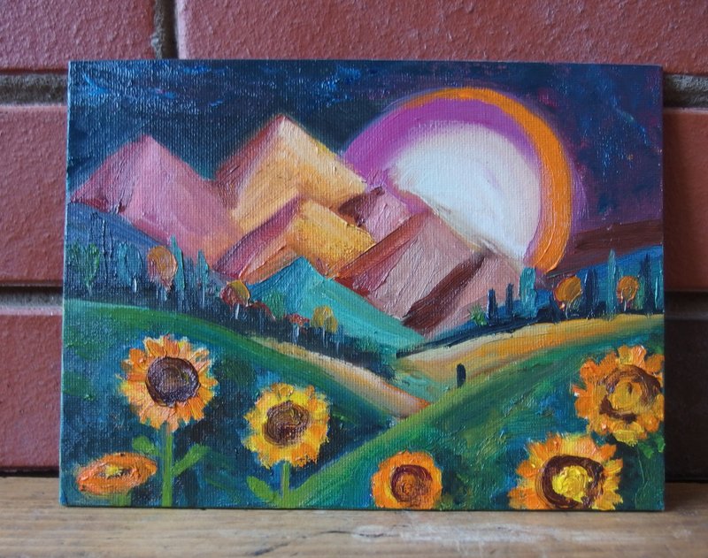 Sunflowers fields and mountains landscape - modern stylish oil painting - ตกแต่งผนัง - วัสดุอื่นๆ สีส้ม