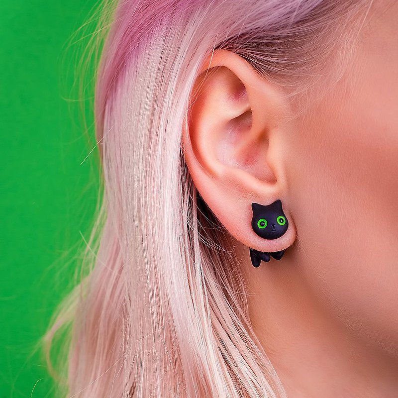 Polymer Clay Earrings - Black Cat Earrings - 耳環/耳夾 - 黏土 黑色