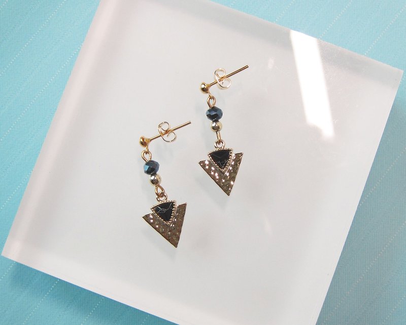 Black Marble - Triangle Arrow Spear Pendant Earring - Earrings & Clip-ons - Gemstone Gold