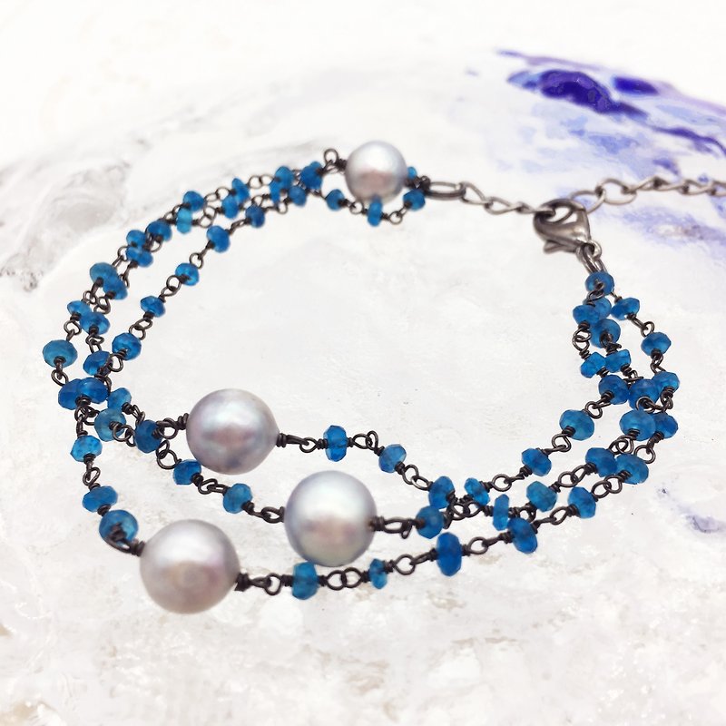 Natural cordierite pearl 18K gold bracelet gift Valentine's Day - สร้อยข้อมือ - เครื่องเพชรพลอย สีน้ำเงิน