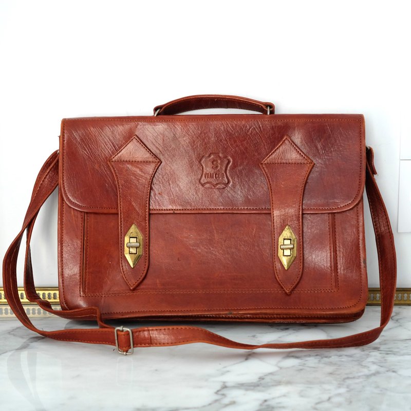 French Vintage Brown Genuine Leather Messenger Bag - กระเป๋าแมสเซนเจอร์ - หนังแท้ สีนำ้ตาล