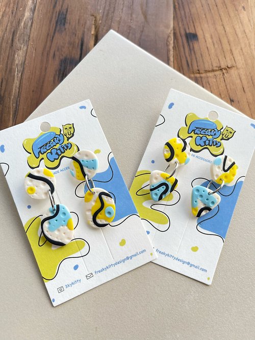 Freaky Kitty Design 3kykitty ||招牌黃藍藝術風軟陶耳環