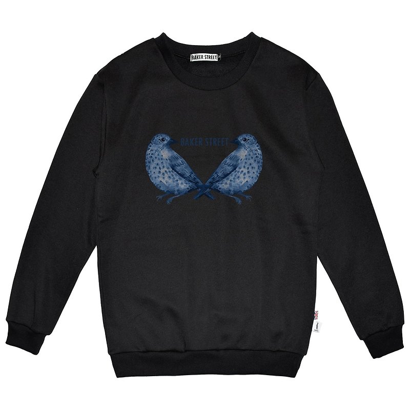 British Fashion Brand -Baker Street- Blue Birds Printed Sweatshirt - Unisex Hoodies & T-Shirts - Cotton & Hemp Black