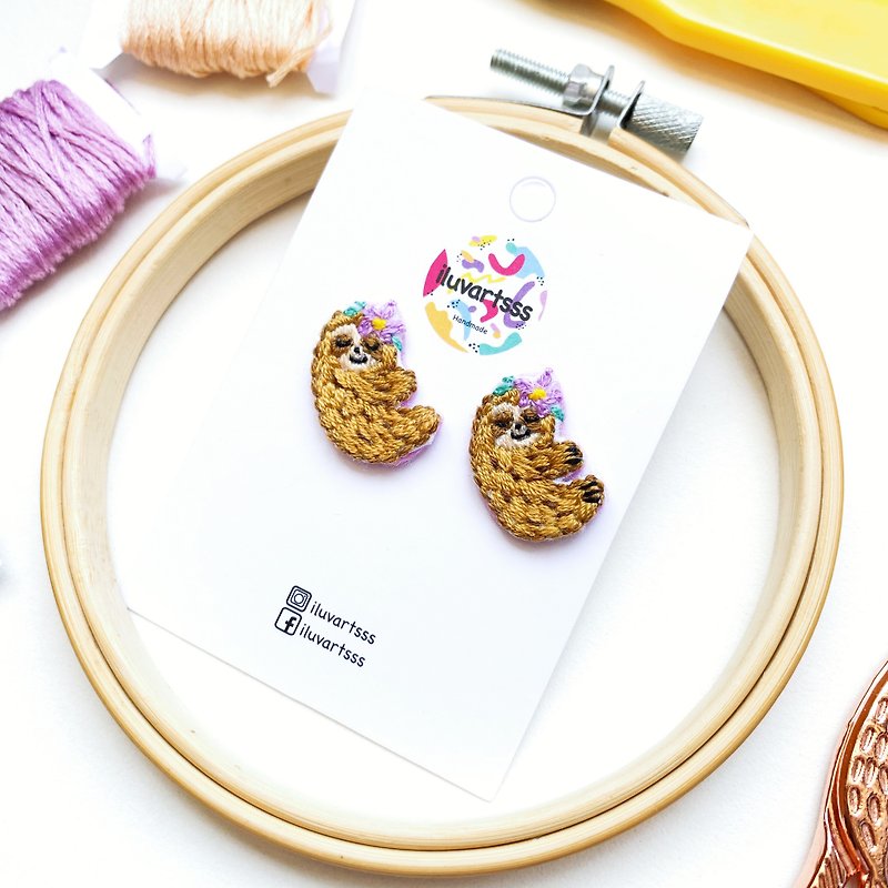 Sloth Embroidered Earrings - Earrings & Clip-ons - Thread 