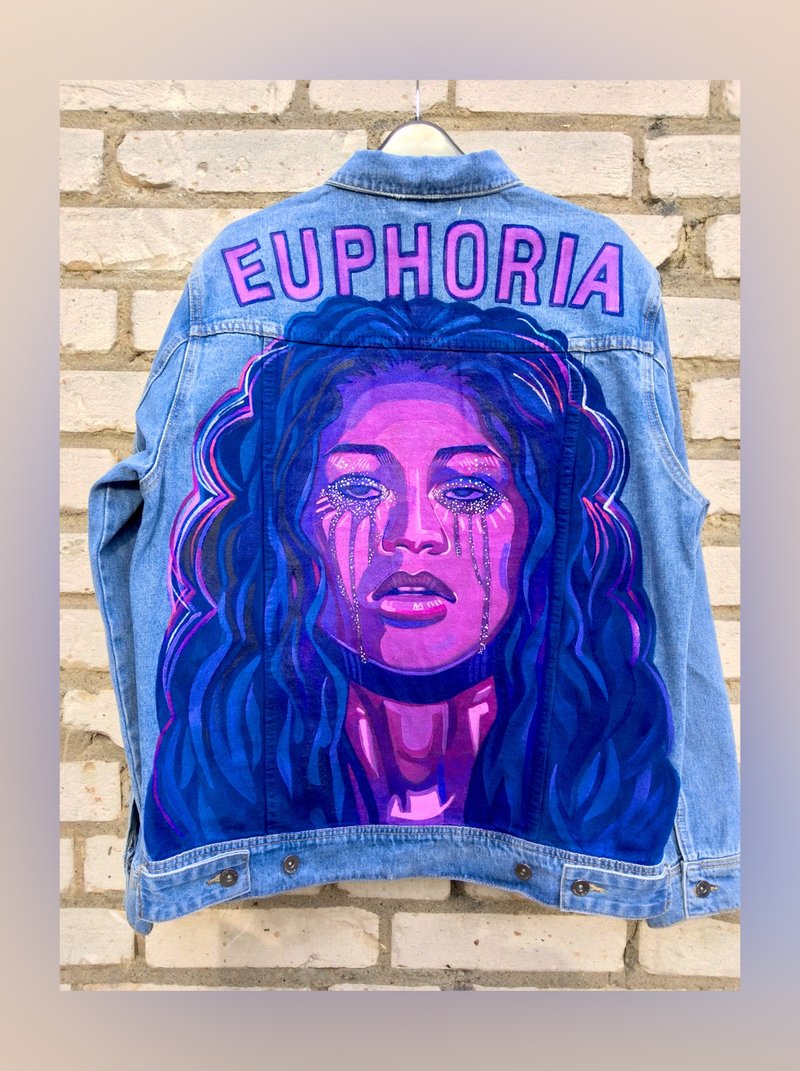 Painted Denim Jacket Handmade Euphoria, Zendaya Gift - Women's Casual & Functional Jackets - Cotton & Hemp Multicolor