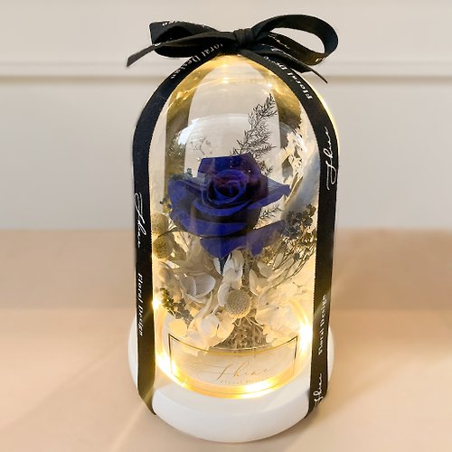 日光花藝Shine Floral Design 寶石藍 庭園玫瑰玻璃鐘罩(此款有燈光特效)-中