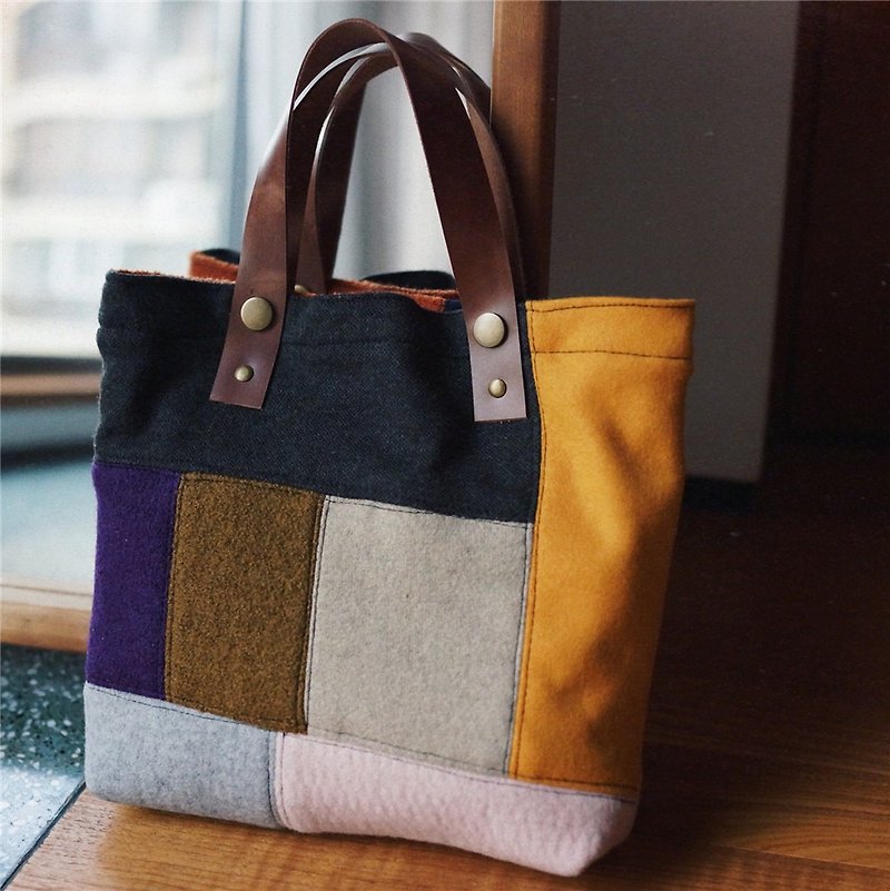 Random color wool and cashmere handmade patchwork leather handle small hand bag - Handbags & Totes - Wool Multicolor