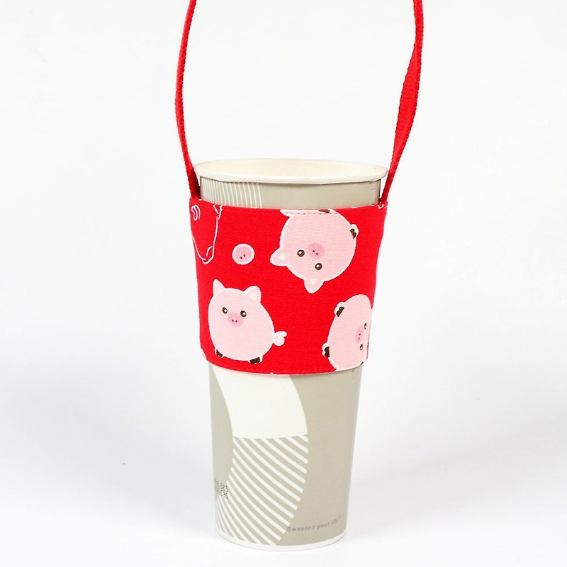 飲料杯套 環保杯套 提袋- 圓圓豬 (紅) - 飲料提袋/杯袋/杯套 - 棉．麻 紅色