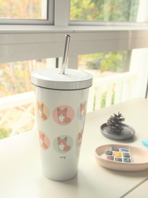 louandfriends Corgi double-wall stainless steel tumbler with straw