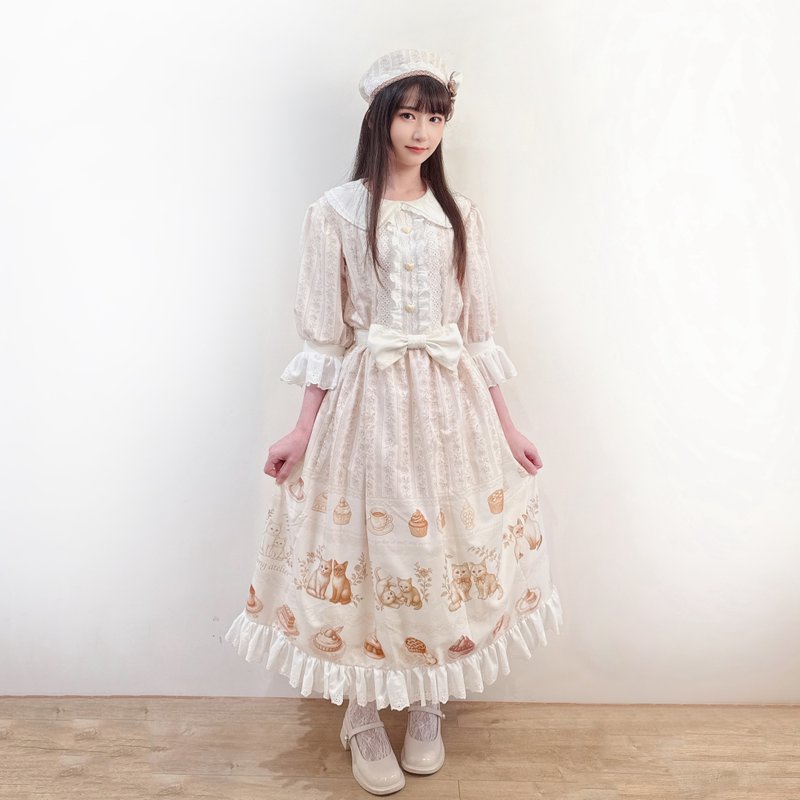 法式奶油貓 OP 茉紡原創印花 Lolita 洋裝 - 洋裝/連身裙 - 棉．麻 卡其色