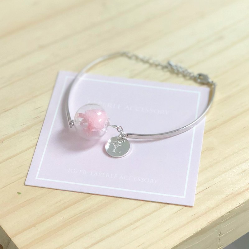 Preserved flower pink bangle  glass ball bracelet personalized - สร้อยข้อมือ - แก้ว สึชมพู