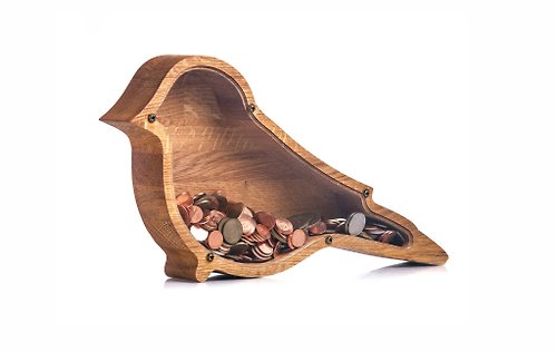 WOODPRESENTS Wooden piggy bank BIRD Personalise money box wood eco toy for boy gir