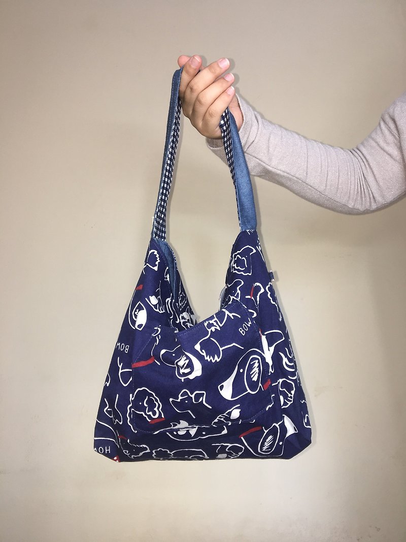 Cotton & Hemp Other Blue - My-Mom-Made medium reversible hobo shoulder bag with overall dog graphic