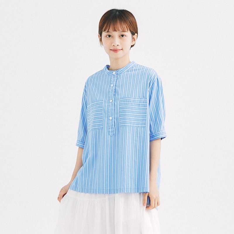 【Simply Yours】Half-cardigan striped top blue F - เสื้อผู้หญิง - ผ้าฝ้าย/ผ้าลินิน สีน้ำเงิน