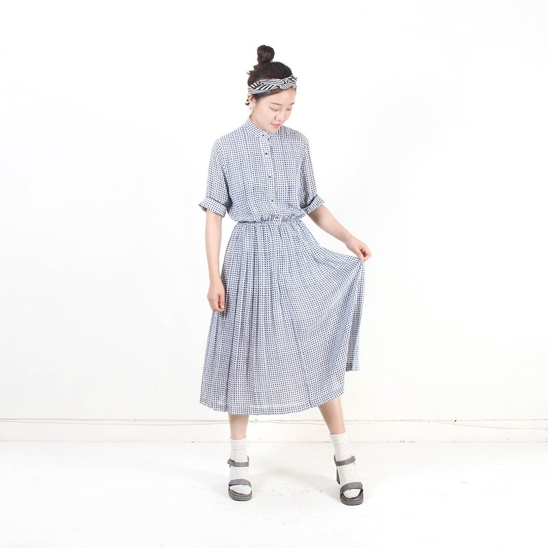 [Eggs and plants] vintage square print pleated short-sleeved vintage dress - One Piece Dresses - Polyester Blue