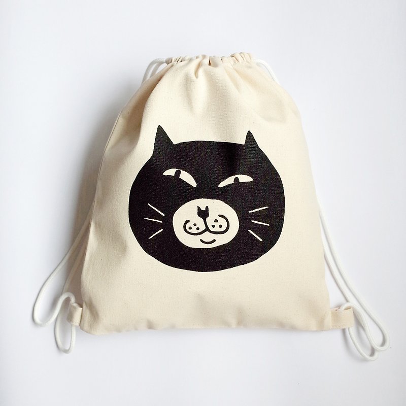 Big Cat Drawstring Pocket/ Backpack/ Eco Bag/ Masked Cat/ Thick Style/ Beige+Black - กระเป๋าแมสเซนเจอร์ - ผ้าฝ้าย/ผ้าลินิน สีดำ