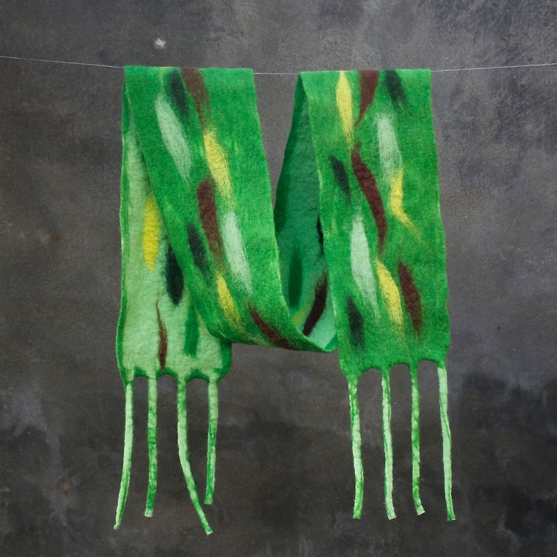 Original handmade wool felt scarf, fresh fringed shawl, green double-sided, soft - Knit Scarves & Wraps - Wool Green