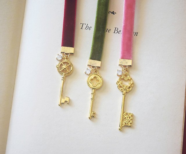 Crimson Ribbon Bookmarks With Key Charms Handmade 