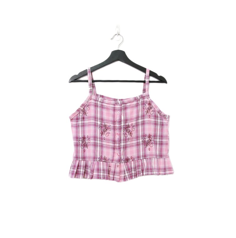 -Back to Green-再製刺繡背心 粉紫格紋 花藤 sv-25/vintage vest - 背心/無袖上衣 - 棉．麻 