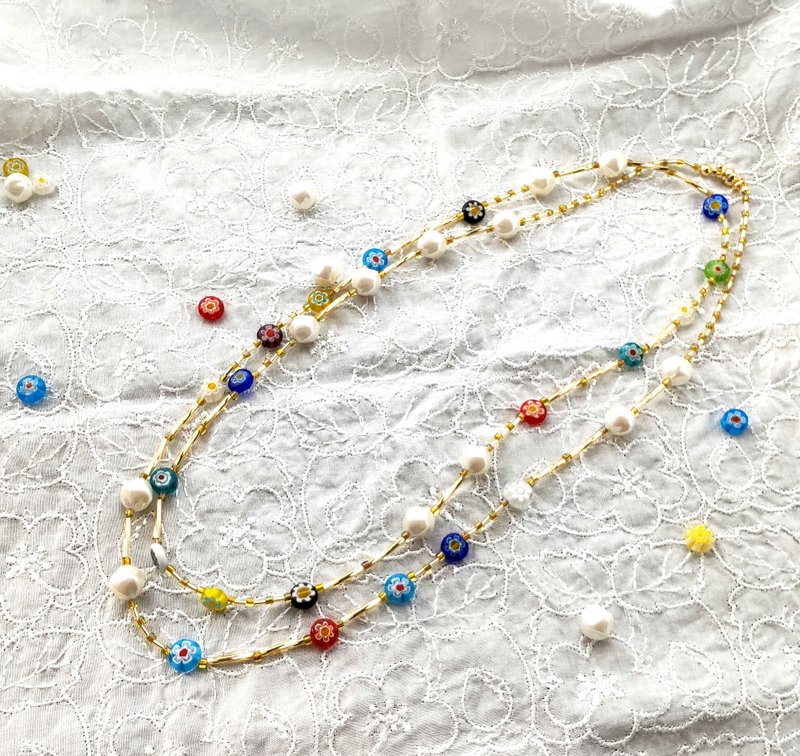 Long necklace with millefiori glass and shaped pearls - สร้อยคอยาว - แก้ว หลากหลายสี