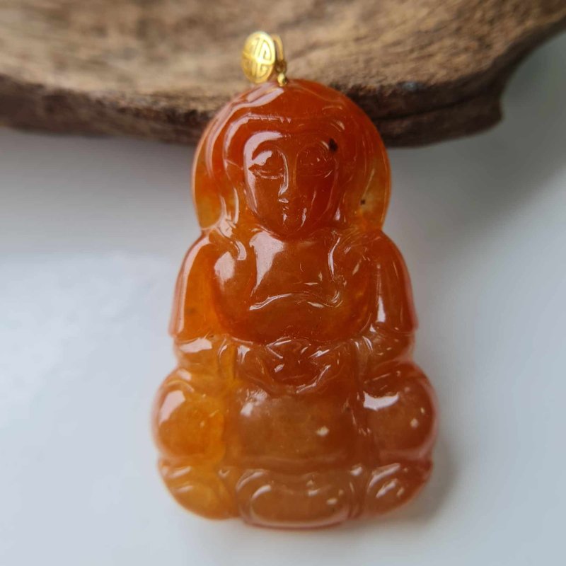 Natural heated ice red jadeite Guanyin pendant | Natural Burmese jade A grade jadeite - สร้อยคอ - หยก 