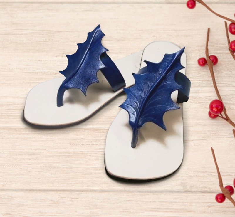 Blue Leather sandals, Cute Sandals, Falt Sandals, Customized Birthday Gift - 拖鞋 - 真皮 藍色