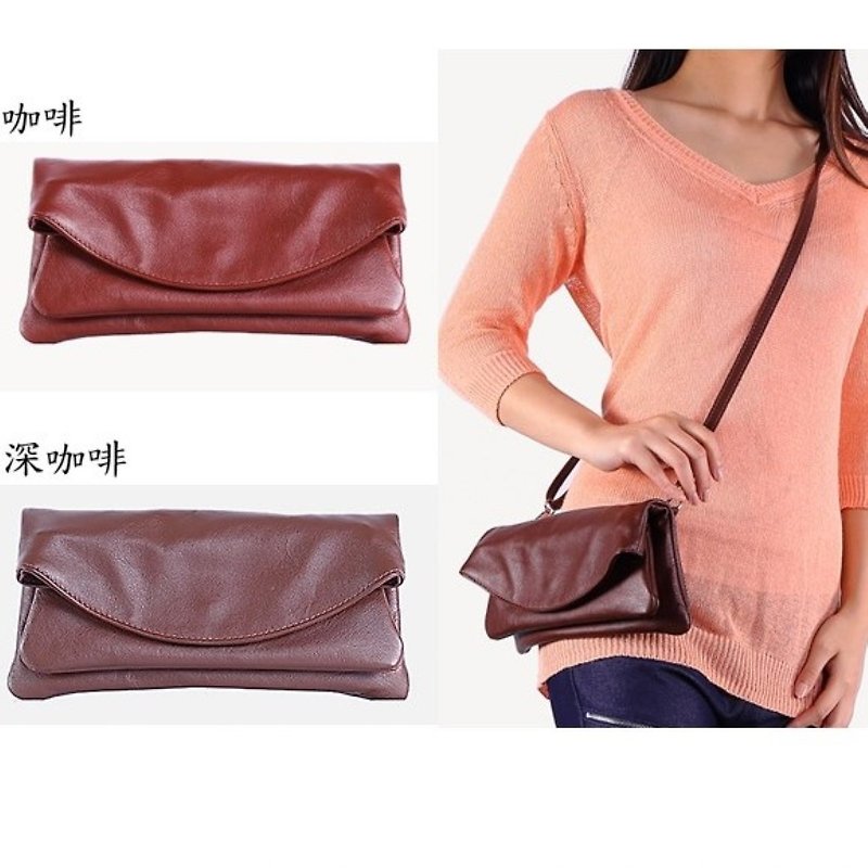 [Special Offer with Minor Imperfections] [Made in Italy] Flip-top Clutch - Dark Coffee, Coffee - กระเป๋าคลัทช์ - หนังแท้ สีนำ้ตาล