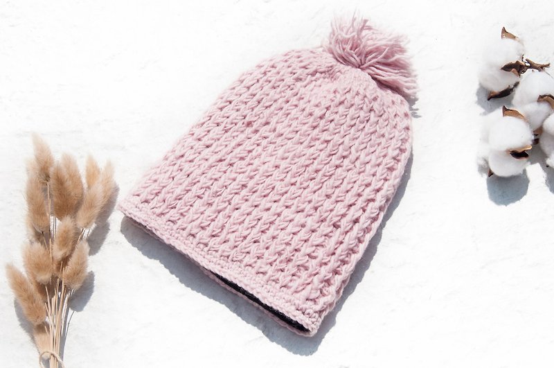 手織純羊毛帽/針織毛帽/內刷毛手織毛帽/手工針織毛線帽 -淡粉色 - 帽子 - 羊毛 粉紅色
