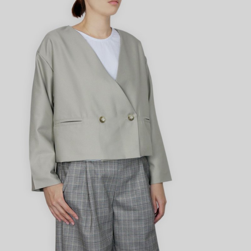 Light Khaki Wide Sleeve Short Two-Button Jacket - Women's Casual & Functional Jackets - Cotton & Hemp Khaki