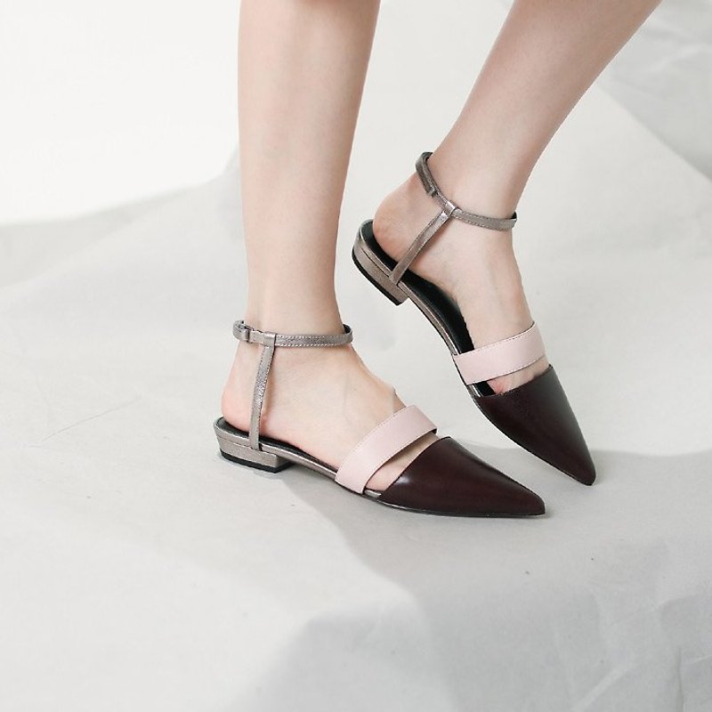 Belt around the ankle with a pair of leather tips leather sandals coffee red - รองเท้ารัดส้น - หนังแท้ สีนำ้ตาล