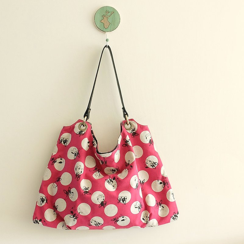French Bulldog air bags sense grasp fold cotton fabric Japanese ox bark to Shuiyu little pink circle - Messenger Bags & Sling Bags - Other Materials Pink