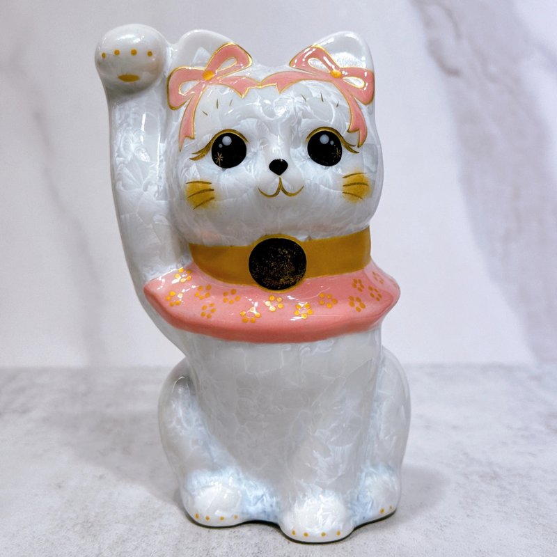 【粉瑞吉祥】日本清水燒招財貓 | 花結晶 粉体花 開運招福 - 擺飾/家飾品 - 瓷 白色
