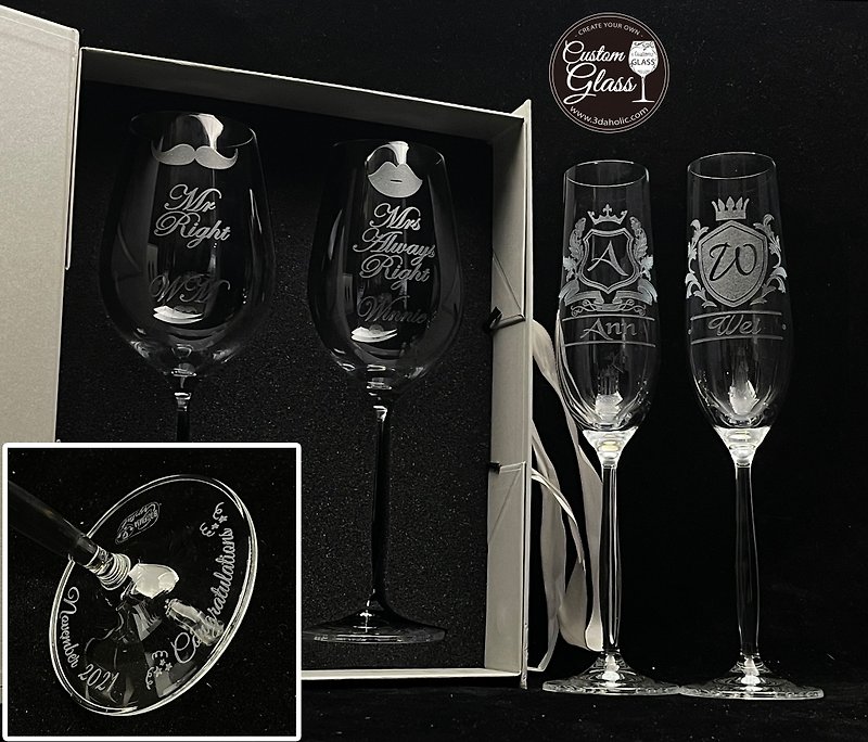 A pair of customized crystal cups with engraved bottoms and a pair of Deluxe Pack – wedding, retirement birthday gift - Bar Glasses & Drinkware - Glass Transparent