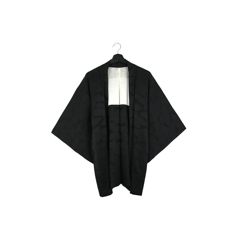 Back to Green-Japan with back feather embossed fan full version / vintage kimono - เสื้อแจ็คเก็ต - ผ้าไหม 