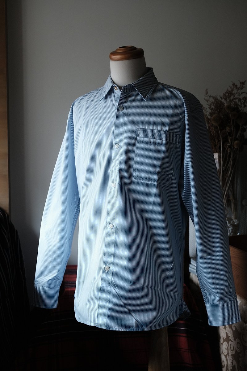 經典條紋長袖襯衫 - 男襯衫/休閒襯衫 - 棉．麻 藍色